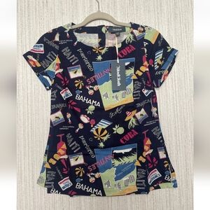 NWT Modcloth Size XXS Blue Blouse Tropical Travel Theme Linen Blend #2